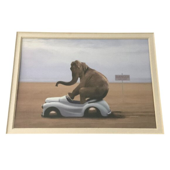 Framed Elephant On Toy Car Art Print In Wooden Frame With Beige Matting - Picture 8 of 11
